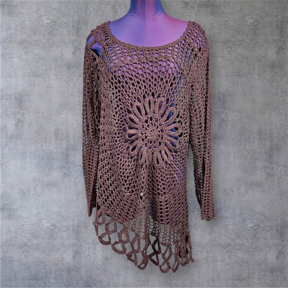 Denim 24/7 Crochet Open Knit Brown Tunic Top Asymmetric Hem Boho Women's 1X K18 - Picture 1 of 9